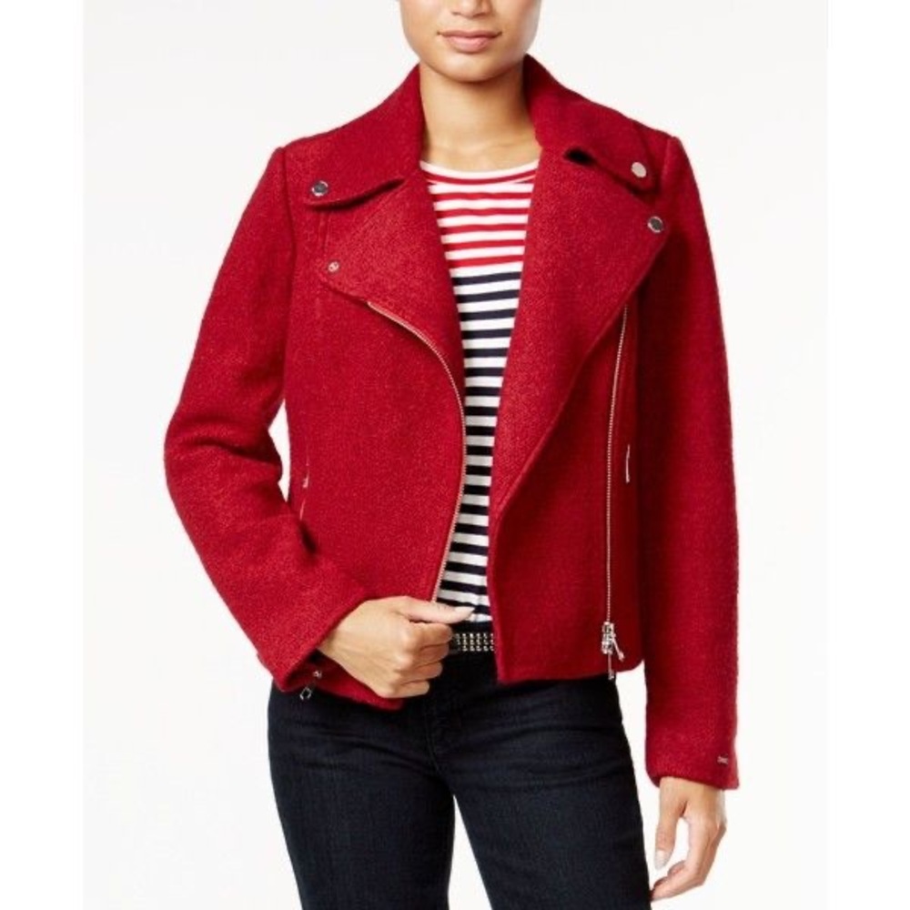 Tommy Hilfiger Red Wool Blend Moto Jacket